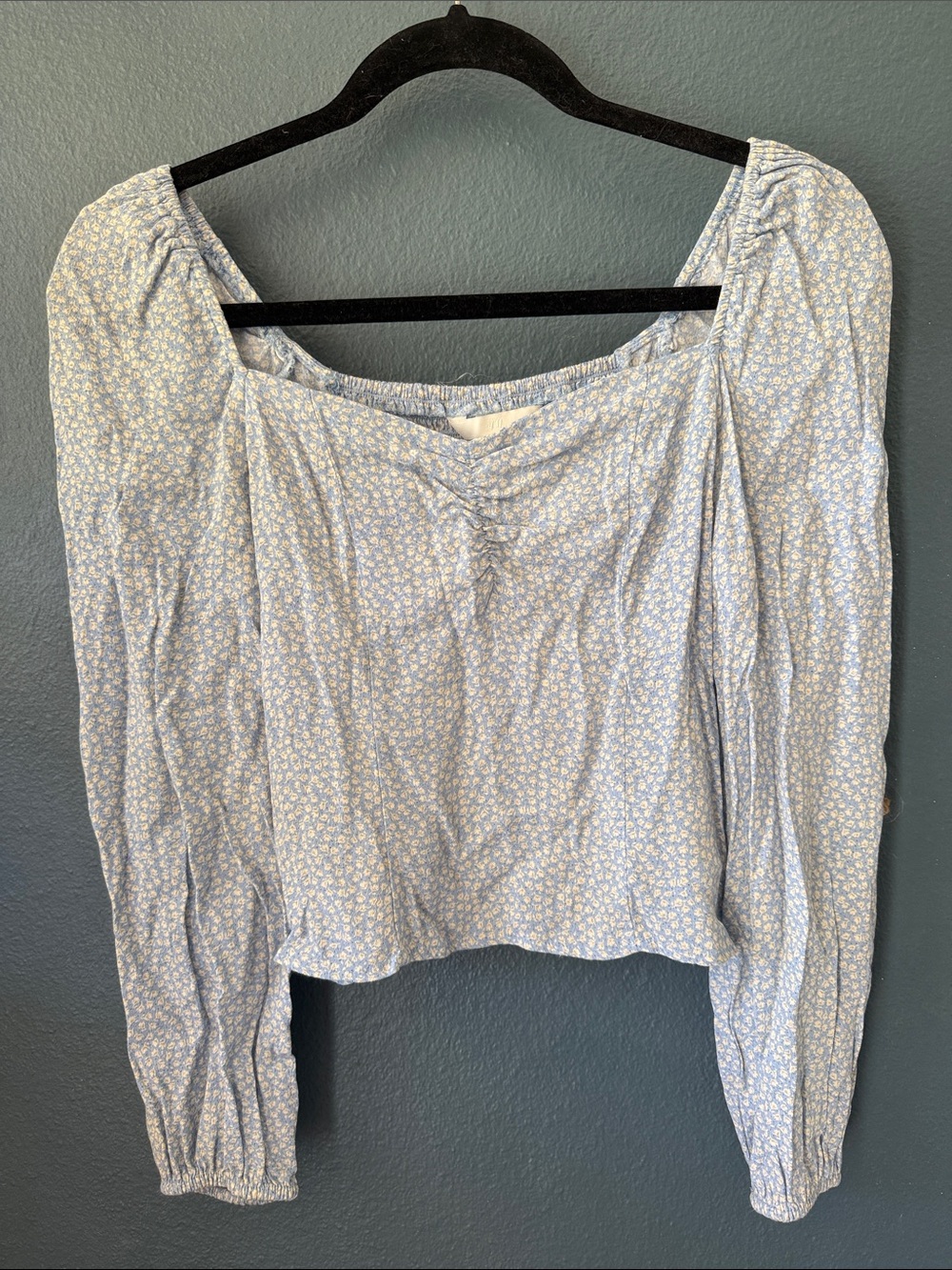 H&M Light Blue Floral Square-Neck Long Sleeve Blouse